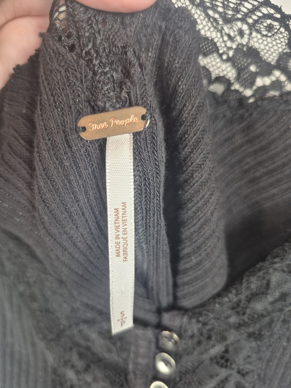 Free People Black Ribbed Lace-Trim Long Sleeve Top - Picture 4 of 6